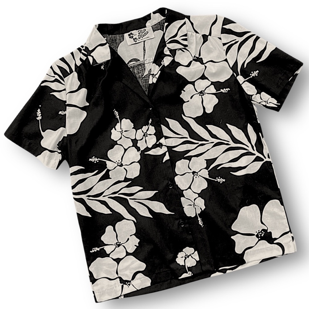 Vintage Black & White Hawaiian Floral Button-Up Shirt